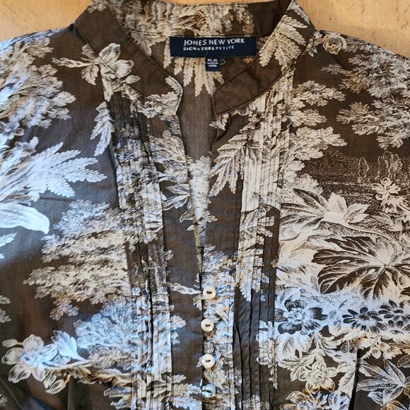 JNY Brown Long Sleeve Shirt Size Petite Large Cotton Floral Old Money Minimalist - Picture 2 of 6